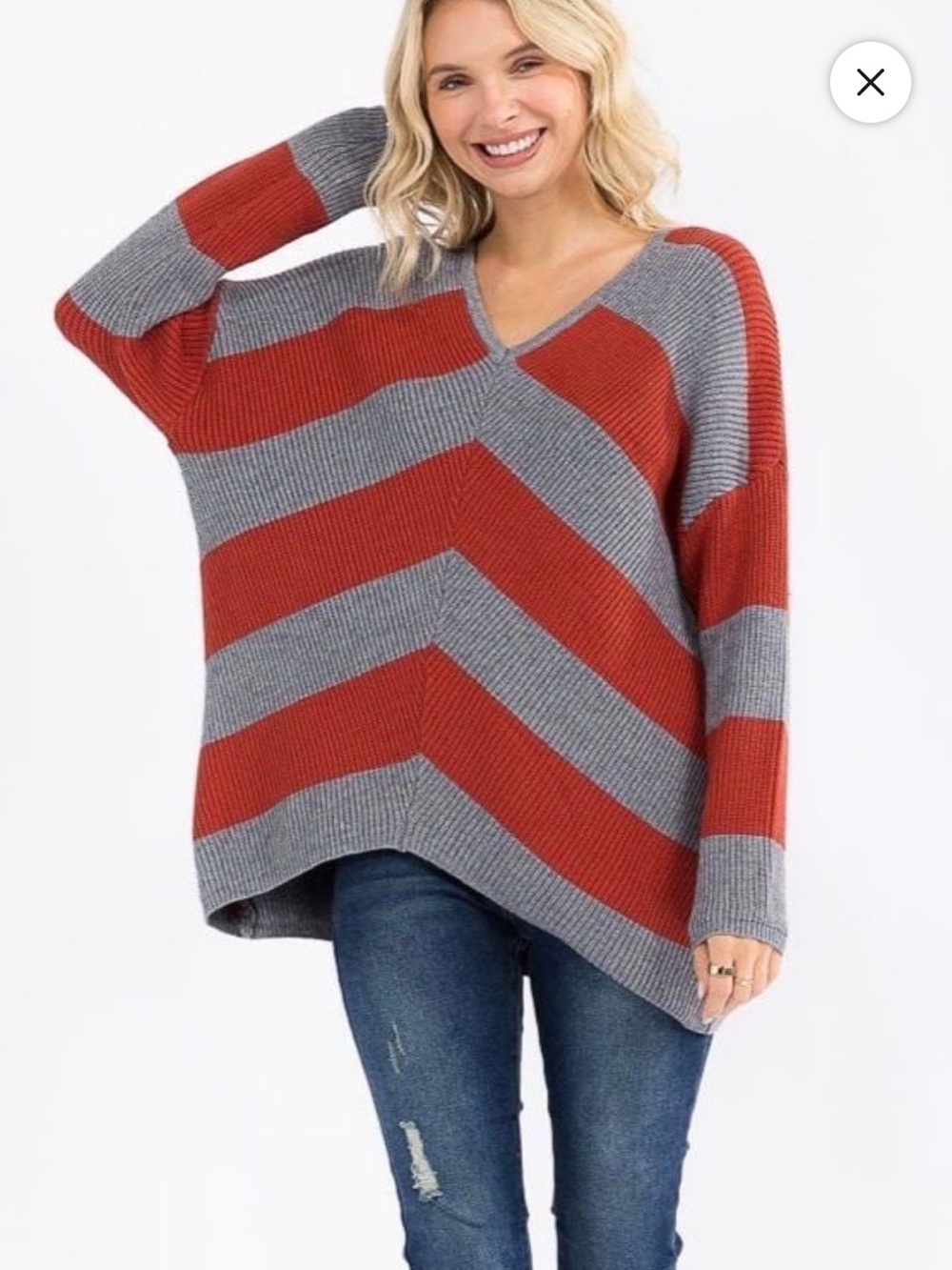 Miracle Striped V-Neck Sweater in Gray & Rust